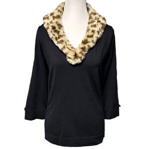 Faux Fur Collar Black Knit Sweater Leopard Animal Print Old Money Mob Wife Large